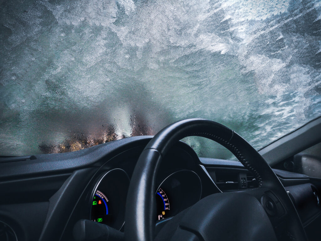 Frost on inside of windshield. Car's interior totally frozen from inside on a cold winter morning.